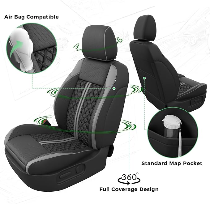 Custom Seat Covers for Tacoma 2016-2023 3rd Gen Double Cab SR5/TRD Off-Road/SR/TRD Sport/TRD PRO Full Set with Console Covers, Waterproof Leather Back and Front Seat Protectors Black Grey