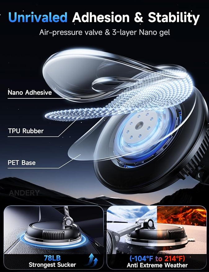ANDERY Only for iPhone Magsafe Car Mount Charger [15W Fast Wireless Charge, 78+LBS Strong Suction & 2400gf Magnetic] 360° Adjustable Car Phone Holder, Phone Holders for Your Car Dash Accents Accessory