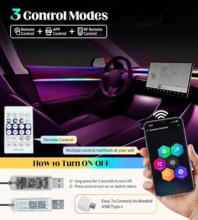 KENANEK 55.12Inch 6in1 Tesla Interior Lights, 5V USB & Type-C Powered, Acrylic Interior Car LED Strip Lights, App Controlled Music Sync, OEM-Style Ambient Lighting with Dreamcolor Effects