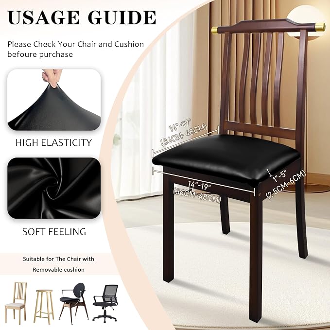 Pu Leather Dining Chair Seat Covers Set of 2, Waterproof Kitchen Chair Covers Stretch Chair Cover for Kitchen/Dining Room/Hotel, Tasteless seat Covers for Chairs (Black - 2 PCS)