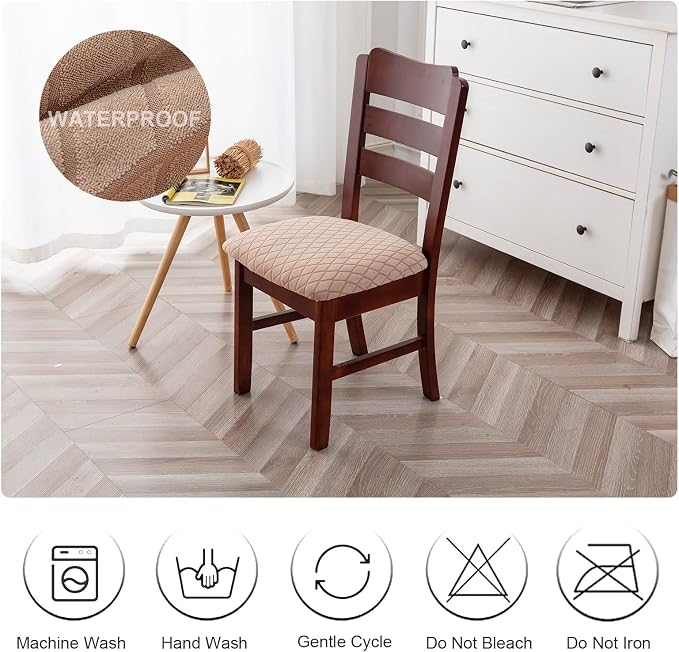 Genina Waterproof Seat Covers for Dining Room Chairs, Stretch Chair Covers Removable Washable Dinning Room Kitchen Chair Seat Cushion Slipcovers (Argyle-Khaki, 6 PCS)