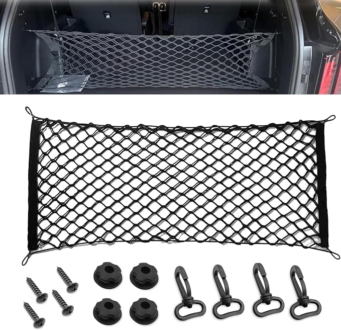Car Cargo Net, Car Trunk Net Stretchable, Dual-Layer Nylon Trunk Storage Mesh, Adjustable Elastic Storage Nets with Hooks, Universal Cargo Cover for SUVs, Cars, Sedan, Trucks (35.4×11.8)