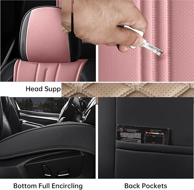 Car Seat Covers Full Set Pink and Black, Premium Leather Car Seat Covers, Waterproof and Breathable Seat Covers, Universal Car Seat Protector Fit for Cars, Trucks, SUVs, Pick-ups