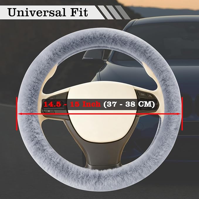 Furry Warm Steering Wheel Cover, Universal 14.5-15 Inch Winter Plush Warm Steering Wheel Cover, Soft Fluffy, Anti-Slip Design, Soft Texture (Gray)