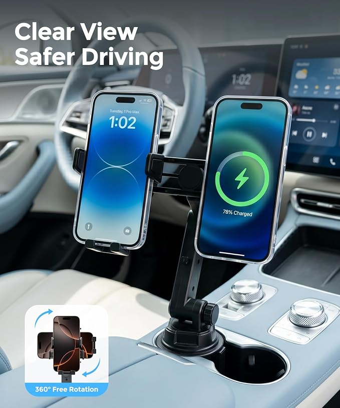 Qi2.2 25W Dual Cup Holder Car Charger with Phone Mount | Qi2.2 25W Dual Cup Holder Car Charger, MagSafe Compatible, Holds 2 Phones, Fits 4-7.2" Smartphones