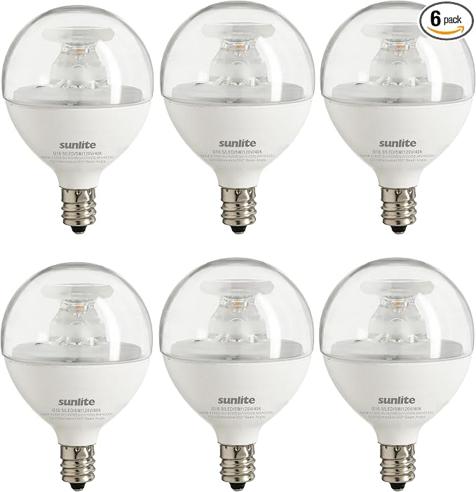 Sunlite G16.5 Light Bulb LED, 5 Watts (40W Equiv.), 350 Lumens, Dimmable, Type G Globe Shape E12 Candelabra Base, Short Bulbs, Vanity Mirror Bulbs, 4000K Cool White, Clear, 6 Count