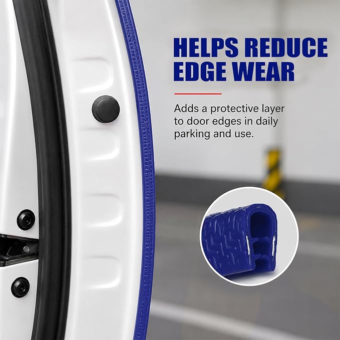 16.4 Ft Rubber Car Door Edge Guards, U Shape Edge Trim, Blue | Flexible profile, cut to fit, parking ding shield, push on setup, fits most sedans SUVs trucks, automotive accessories