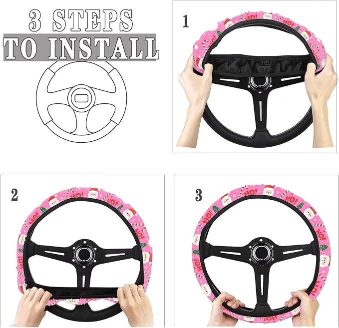 AFPANQZ Steering Wheel Cover for Women Sweat Absorbing Non-Slip Protection | Santa Claus Pink Print, Universal Fit Most Car Sedans SUVs, Comfort Grip Breathable Steering Wheel Protector