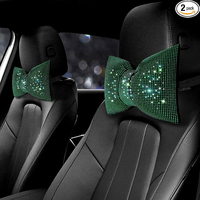 surpassme 2PCS Rhinestone Car Headrest Neck Pillow for Driving with Bling Bling Crystal Bow Pillow Car Accessories for Women (Green)