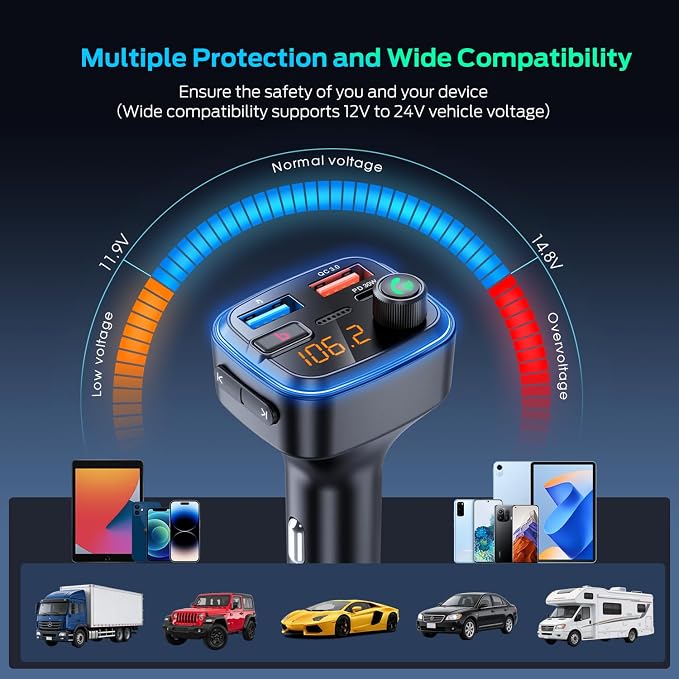 Bluetooth 5.4 Car Adapter Charging USB Bluetooth Adapter for Car,Wireless Fm Transmitter Radio,Handsfree Calling and Audio Receiver (Blue-48W)