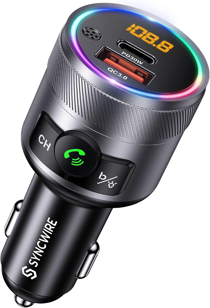 Syncwire Bluetooth 5.4 FM Transmitter for Car, 38W PD&QC3.0 Dual USB Charging Bluetooth Car Adapter Microphone & Bass Sound MP3 Music Player FM Kit with Hands-Free Calling | QC3.0 dual USB fast charging. Built-in mic for clear hands-free calling. Deep ...