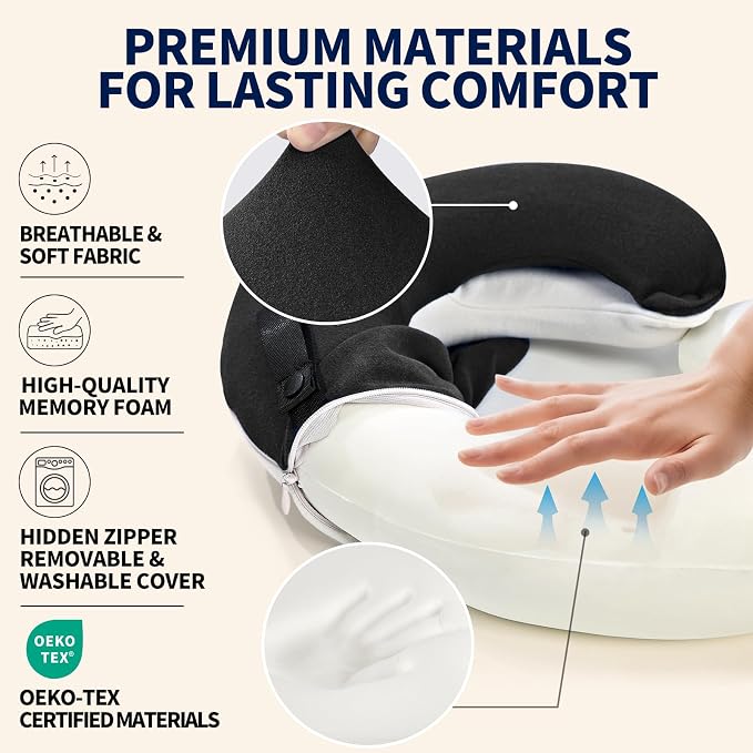 BUYUE Travel Neck Pillows for Airplanes, Memory Foam 360° Head Support Sleep for Long Flight, Skin-Friendly & Breathable, Kit with Eye Mask, Earplugs and Storage Bag (Adult, Black, 90+ lbs)