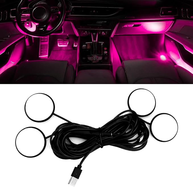 Car Interior Pedal LED Lights, Automotive Underglow Ambient RGB Door Lighting Kit with USB Port, 4 in 1 Decoration Neon Lights for Car, Home, Garden, Party (Lavender)