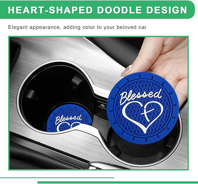 2 PCS Car Cup Holder Coaster, 2.76 Inch Non-Slip Auto Drink Mats with Blessed Cross and Heart, Shockproof Christian Cup Insert Coaster for Most Vehicles, Car Accessories (Blue)