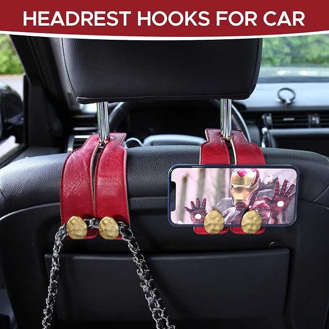 Leather Car Purse Hook for Headrest, 2 Pack (Red-Gold) | Twin Hooks Headrest Hangers, 2/4 Pack, No-Slip, Scratch-Proof, Holds Purses, Backpacks, Grocery Bags, Car Organizer Gift