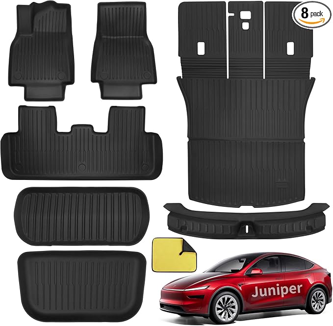 Tesla Model Y Floor Mats 2026 2025 Juniper, 8-Piece All-Weather TPE Model Y Accessories Set for Premium/Performance 5-Seat, Cargo Liner, Frunk, Trunk & Seat Back Protector