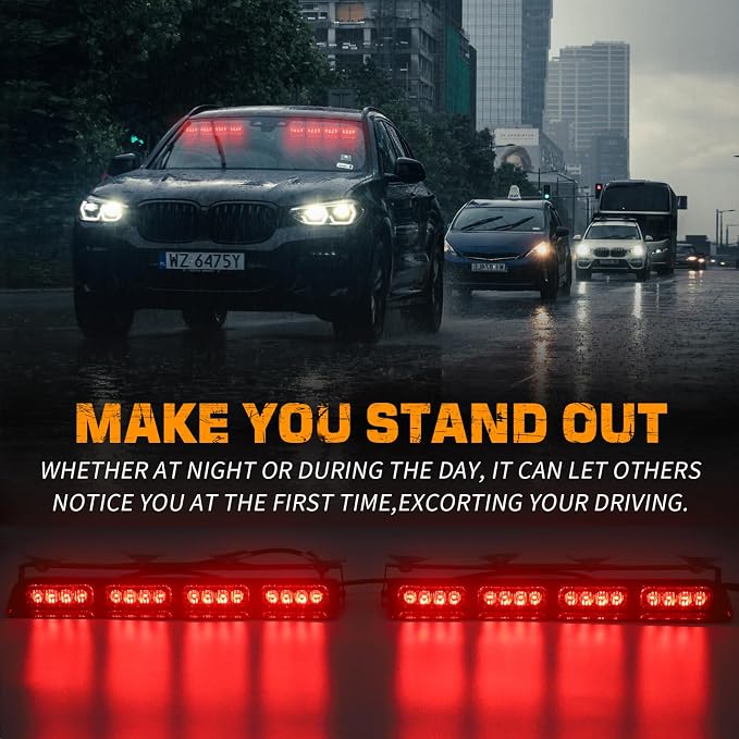 XRIDONSEN Emergency Dash Strobe Lights Front/Rear Windshield Lights | Interior Safety Flashing Warning Hazard w/ Suction Cups for Vehicles Trucks (2x14 inch, Red)
