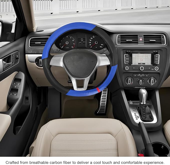 Car Steering Wheel Cover, Breathable Carbon Fiber Wheels Protective Cover Interior Accessories, Universal Anti Slip Protector for Most 14.5-15 Inch Steering Wheels (Blue)