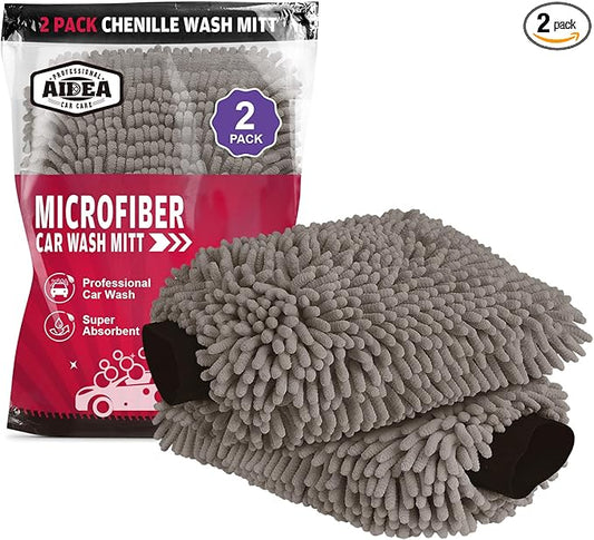 AIDEA Car Wash Mitt Microfiber, 2PK, Car Wash Brush, Grey, 7.12''X10.14'' | Scratch Free Lint Free Premium Chenille Microfiber Mitt, Cleaning Supplies, Regular Size