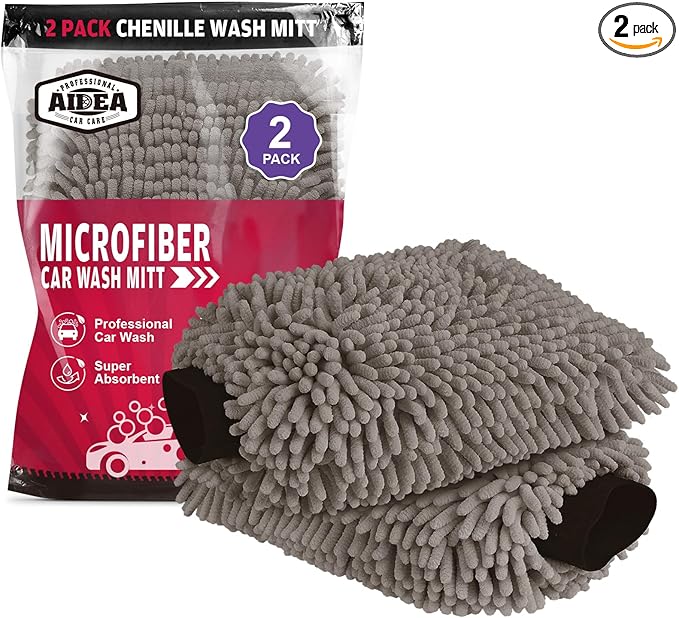 AIDEA Car Wash Mitt Microfiber, 2PK, Car Wash Brush, Grey, 8''X12'' | Scratch Free Lint Free Premium Chenille Microfiber Mitt, Cleaning Supplies, Extra Large Size