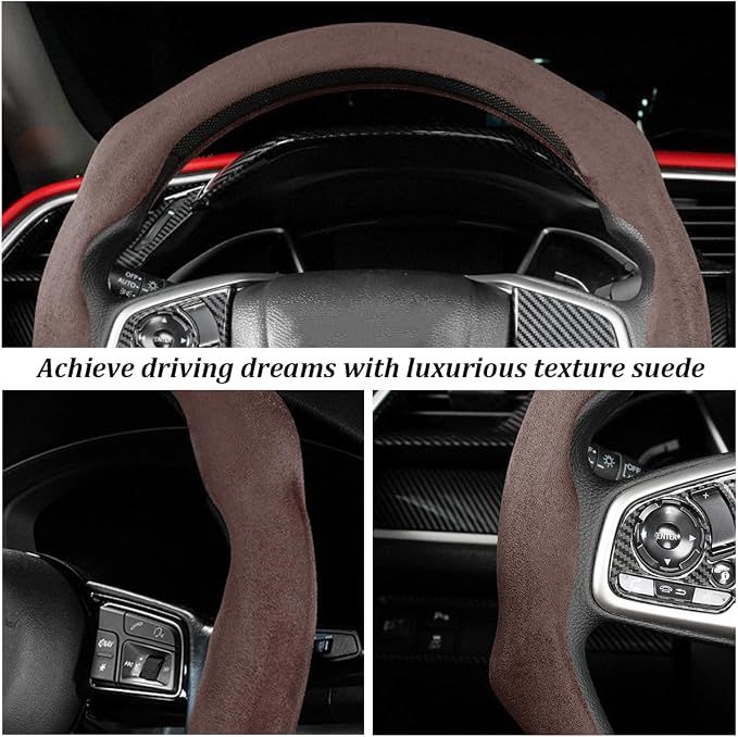 Car Steering Wheel Cover, Soft Brethable Suede Non-Slip Vehicle Steering Wheel Protector, Comfortable Sporty Auto Interior Protection Accessories, Universal for Truck SUV Van (Coffee)