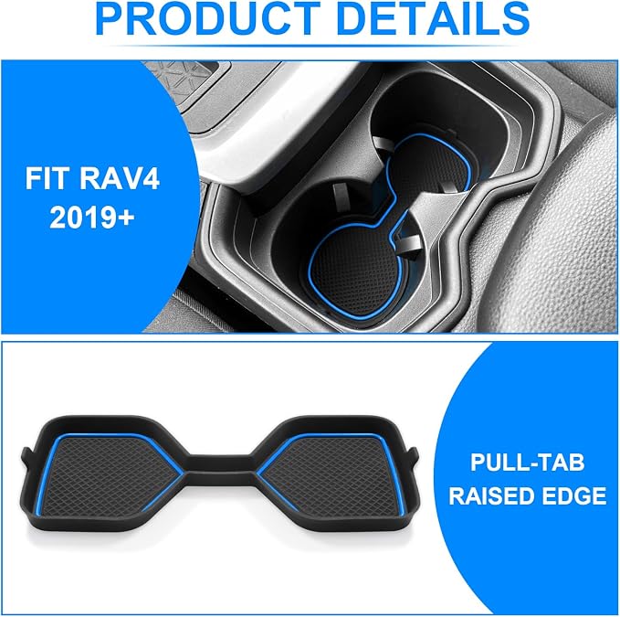 3D Cup Holder Inserts for Toyota RAV4 Accessories 2025 2024 2023 2022-2019 | Silicone Cup Coaster Mats Pad, Center Console Liner, 2Pcs, Blue Trim