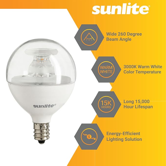 Sunlite G16.5 Light Bulb LED, 7 Watts (60W Equiv.), 500 Lumens, Dimmable, Type G Globe Shape E12 Candelabra Base, Short Bulbs, Vanity Mirror Bulbs, 3000K Warm White, Clear, 6 Count