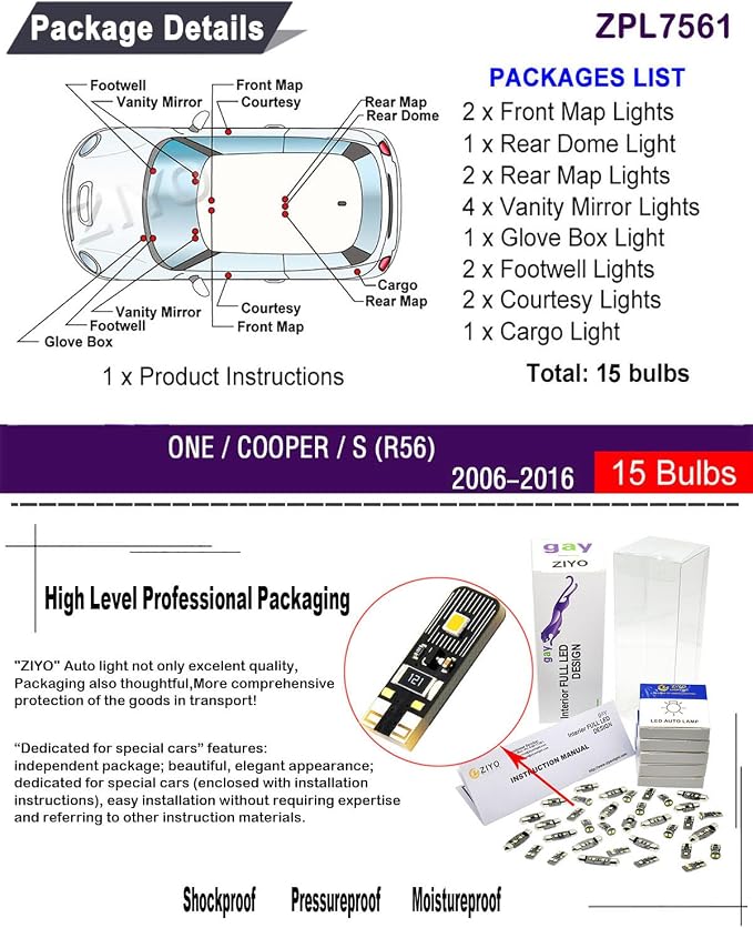 ZIYO ZPL7561 - (15 Bulbs) LED Interior Light Kit Replacement for Mini Cooper Mini One R56 2006-2016 Mini Cooper S, 6000K Xenon White Dome Light Bulbs Upgrade Error Free
