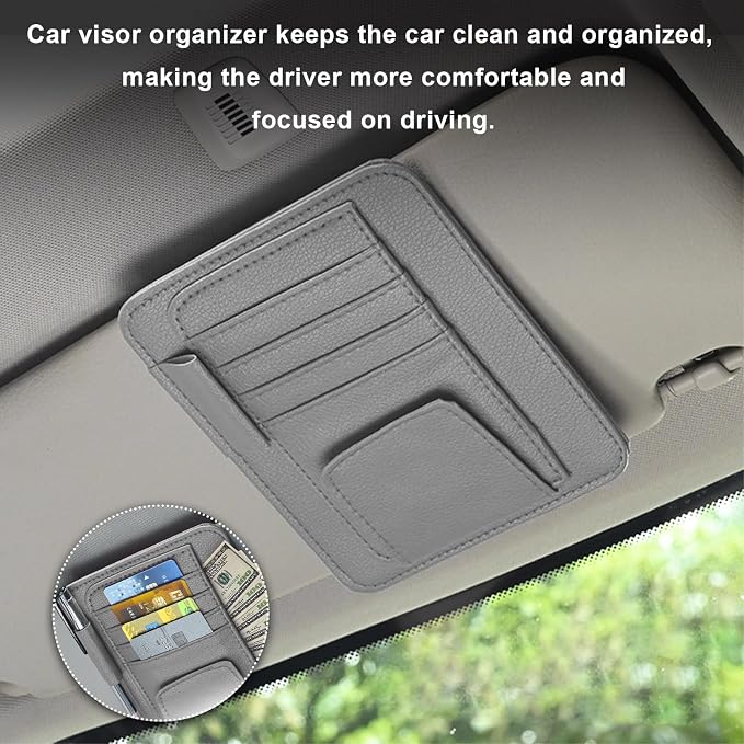 Dickno Small Leather Car Sun Visor Organizer, Multifunctional Auto Visor Document Holder with Sunglasses Clip, Universal Car Interior Organizer for Drving License, Card, Pen (Gray)