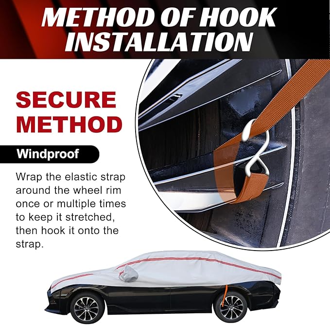Half Car Cover for Snow, Car Roof Cover for All Weather Protection with Red Strip Design, Fit Small/Compact Sedan Such As Audi A4, Toyota Corolla