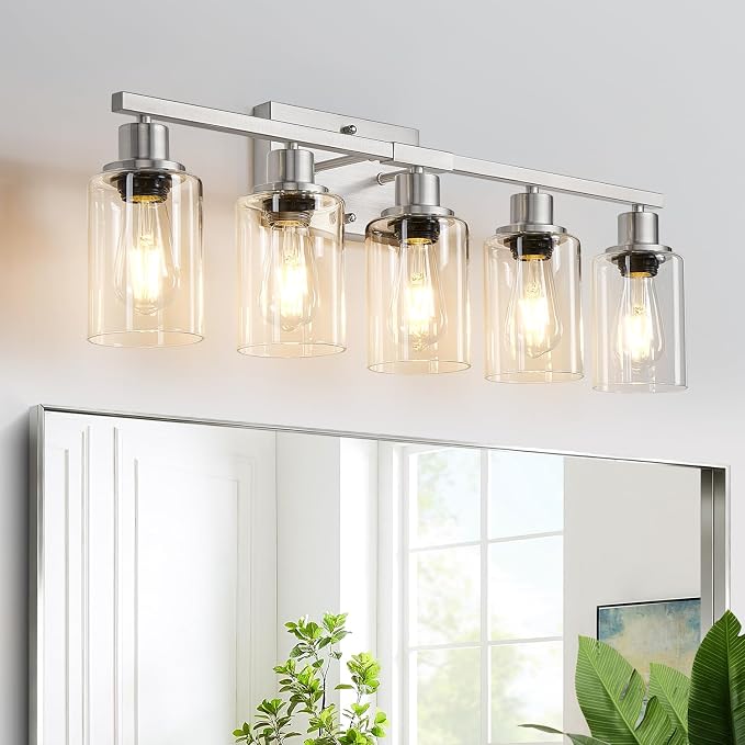 MOKATNG 5-Light Bathroom Light Fixtures, Vanity Light with Clear Glass Shades, Brushed Nickel Bathroom Light Fixtures Over Mirror, Modern Bathroom Wall Lamp for Mirror Living Room Cabinet Bedroom
