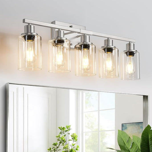 MOKATNG 5-Light Bathroom Light Fixtures, Vanity Light with Clear Glass Shades, Brushed Nickel Bathroom Light Fixtures Over Mirror, Modern Bathroom Wall Lamp for Mirror Living Room Cabinet Bedroom
