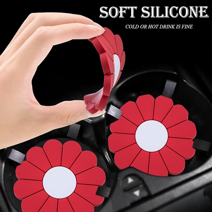 4-Pack Car Cup Holder Coaster Inserts, Daisy Shape, 2.75 Inch Non-Slip Silicone Cup Holder Insert, Universal Non-Slip Cup Holders, Car Accessories Interior for Women and Man (Red)