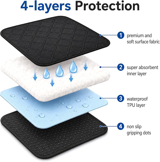 4 Pack Waterproof Chair Pads for Incontinence, 22" x 21" Reusable | Seat Protector Pads, Black Washable Seat Cover Non-Slip Absorbent Pee Cover for Incontinence Bed Wheelchair Adults