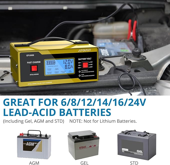 AUTOUTLET Upgraded 6/8/12/14/16/24V Battery Charger Automotive Smart Car Battery Charger and Trickle Maintainer 0-14A Fully Automatic with Cable Clamps for Lead-Acid Batteries(NOT Lithium Battery)