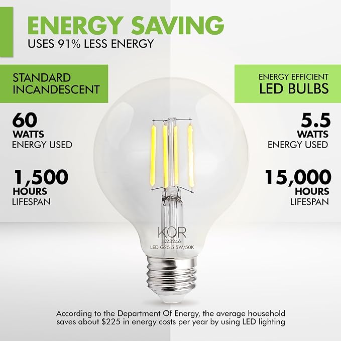 KOR LED G25 Filament Globe Bulbs, 4 pack, 60 Watt Equivalent, 5000K Bright White, Edison Dimmable 5.5W, E26 Medium Base, 500 Lumens, CRI 90, Clear Glass Light Bulbs for Bathroom, Makeup Mirror, Vanity