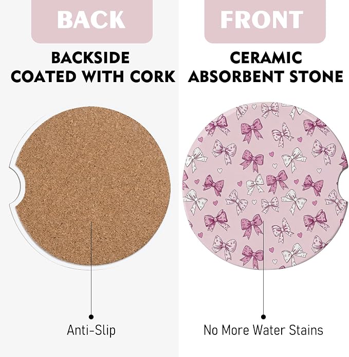 2 Pack Car Coasters for Cup Holders, Absorbent Ceramic Cup Coaster with Cork Base and Finger Notch, Cute Car Accessories Interior for Women Men