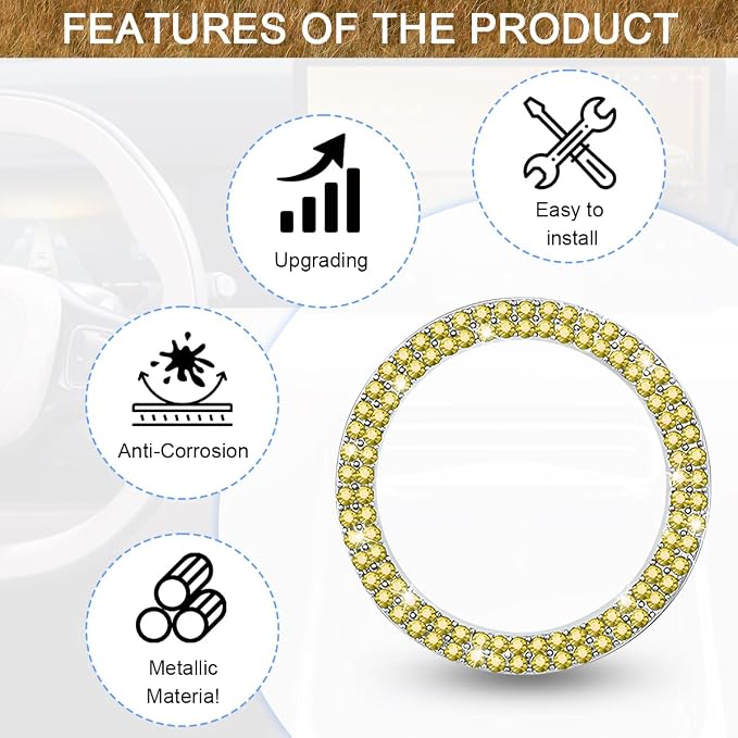 Bling Car Engine Start Ring Decals, 2PCS Sparkling Crystal Rhinestone Vehicle Push to Start Button Sticker, Diamond Auto Key Ignition Knob Decorative Ring, Universal for Vehicles (Yellow)