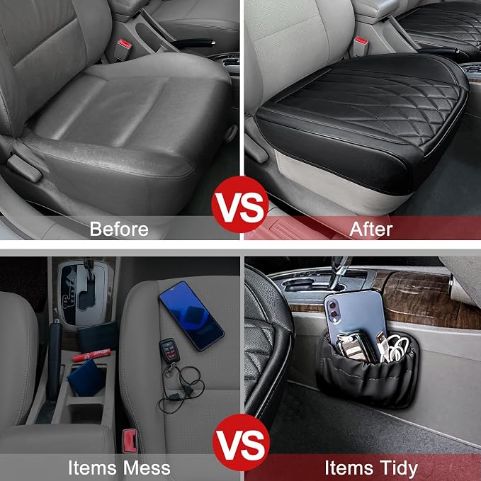 BEITK 2 Pack Leather Front Car Seat Cover Bottom Car Seat, Universal Anti-Slip Driver Car Seat Protectors with Storage Pocket, Waterproof Bottom Auto Seat Cushion Pad Mat for Most Vehicles(Black)