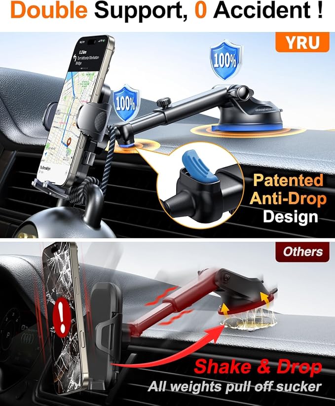 YRU True Military-Grade [360° Rotation Suction] 2026 Ultimate Car Phone Holder Mount【90+LBS Safest Strongest & Patent Certs】 Dash Windshield for iPhone 17 16 Pro Max Speakerphones, Jet Black