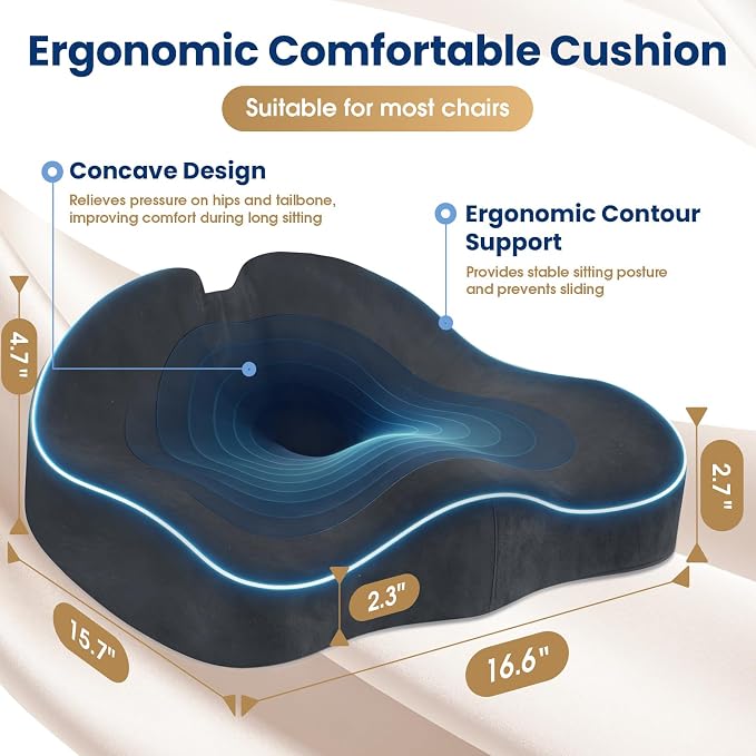 Seat Cushion,Thick Memory Foam Cushions for Office Chair, Car Seat, Airplane, Relieving Pressure Tailbone Sciatica Back Pain for Long Sitting Office Workers, Car Drivers Grey