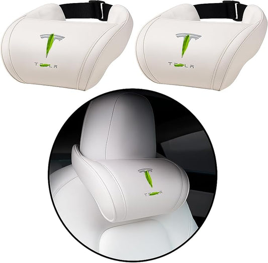 Car Headrest Neck Pillow Support Ergonomic, with Valve Stem Covers Accessory for Driving Seat Fatigue Relief Compatible with Model S X 3 Y & Cybertruck - 2 Pieces