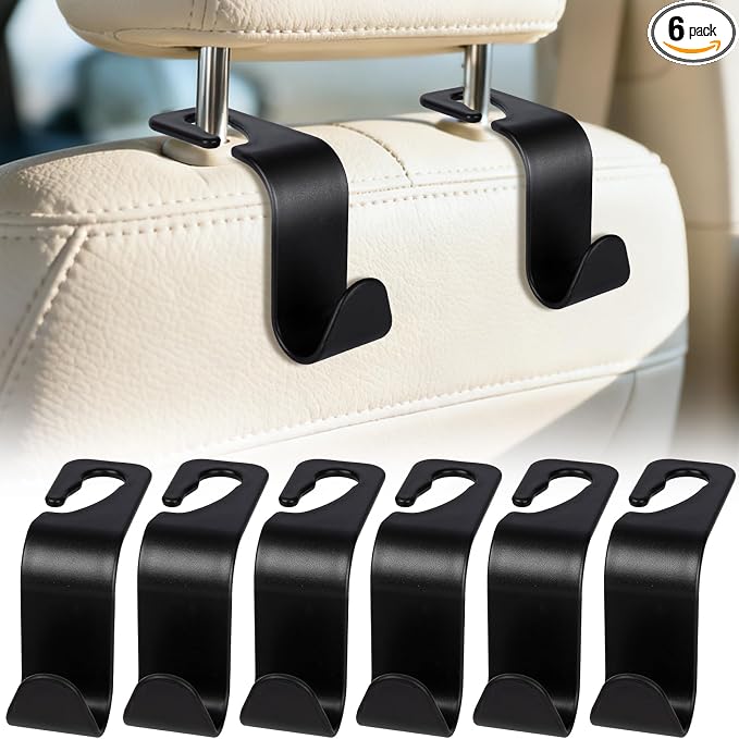 BFXM 6 Pack Car Seat Headrest Hooks, Car Accessories for Women Men, Back Seat Purse Hanger Holder Hook, Universal Storage Organizer for Handbag Grocery Bags Coats (Black)