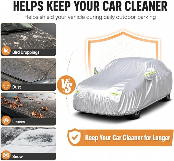 GXARTS Heavy Duty Car Cover 189"×75"×59" Waterproof All-Weather Sedan Cover with Zipper Door+Windproof Straps，UV Snowproof Dustproof Fit for Toyota Corolla Honda Civic VW Jetta Kia Forte Elantra+More