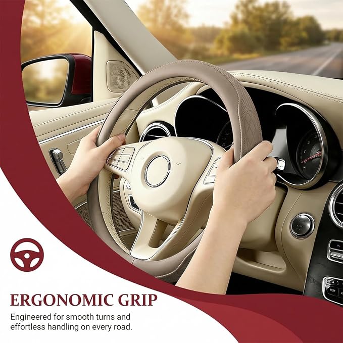 Car Steering Wheel Cover, Breathable Anti-Slip Vehicle Steering Wheel Protector with Inner Ring, Automotive Interior Protective Accessories, Universal for SUV RV Truck (Beige)