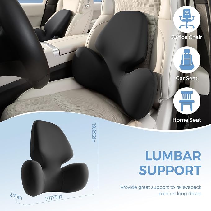BEBAS Lumbar Support Pillow for Car, Memory Foam Back Cushion for Driving | Ergonomic Wing Wrapping, Back Pain Relief, Breathable Removable Cover, Softness, Universal Fit Car Seat, Office Chair