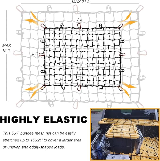 GSPSCN Truck Cargo Net 7' x 5' for Pickup Bed, Trailer,Boat,RV SUV Stretched to 15'x21' Max Heavy Duty Roof Rack Net,5”x5” Mesh Netting w/24 Clip Carabiners Car Organizer Net for Large Loads