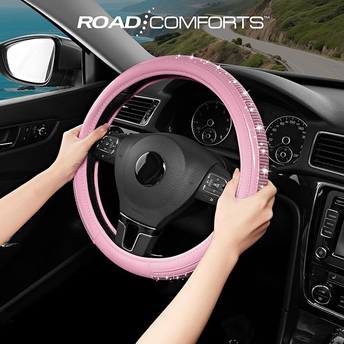 Road Comforts Bling Steering Wheel Cover – Pink Diamond Design, Universal Fit 14.5-15 Inch, Microfiber Leather, Anti-Slip & Breathable Design for Men and Women