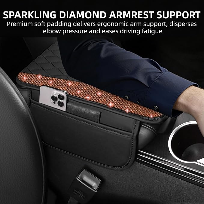 NBTEPEM Bling Car Center Console Cover, Leather Middle Console Cover with 2 Storage Bags, Universal Arm Rest Cover Protector, Bling Car Accessories Interior Fit for Most Vehicles, Orange Diamond
