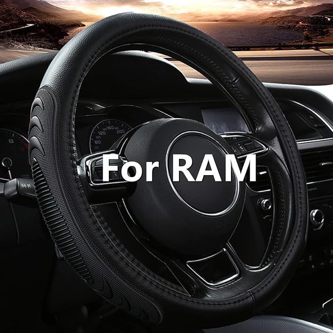 Yangday Leather Steering Wheel Cover for Dodge Ram 1500 2500 3500, 15.5-16 Inches Car Steering Wheel Cover with Anti-Slip Massage Particle (Black)